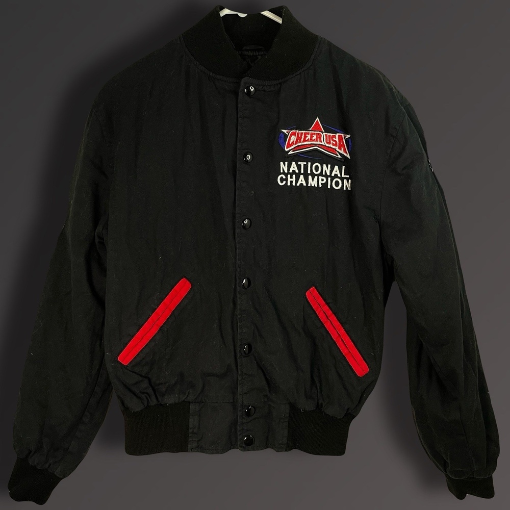 VINTAGE CheerUSA Cheerleader Jacket S Red White Black Satin National Champion